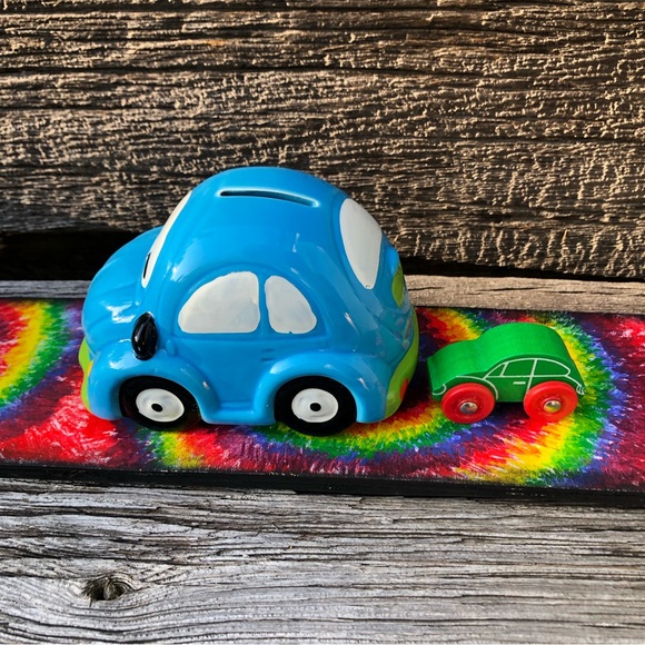 Vintage Beetle Bug VW car Piggy bank Coin Bank Vtg collectible ceramic wooden💚 - Picture 5 of 15